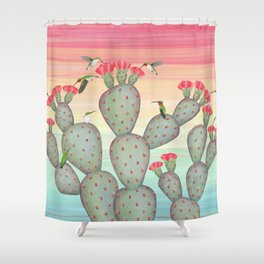 ruby throated hummingbirds & prickly pear cactus Shower Curtain