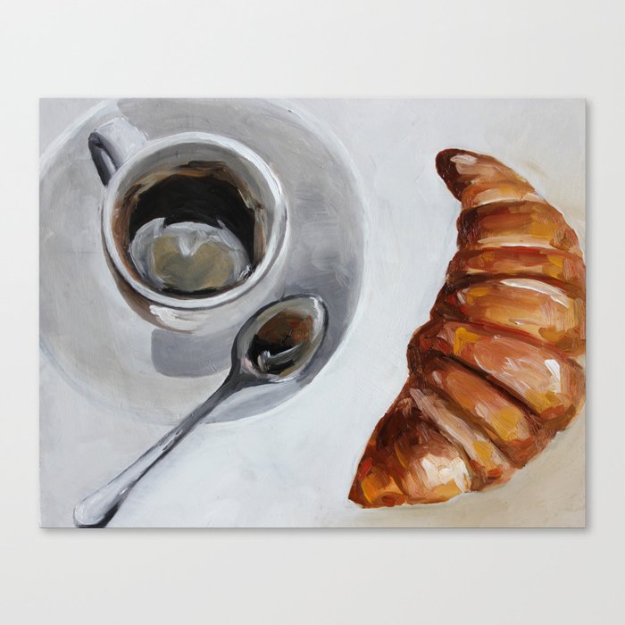 French breakfast, coffee and croissant, original oil painting, daily art Canvas Print
