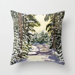 Wintery Landscape in Woods, Watercolour Painting Throw Pillow