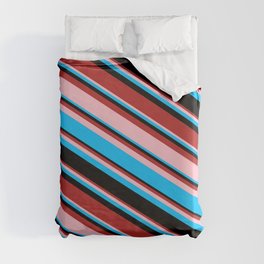 [ Thumbnail: Red, Pink, Deep Sky Blue, and Black Colored Stripes/Lines Pattern Duvet Cover ]