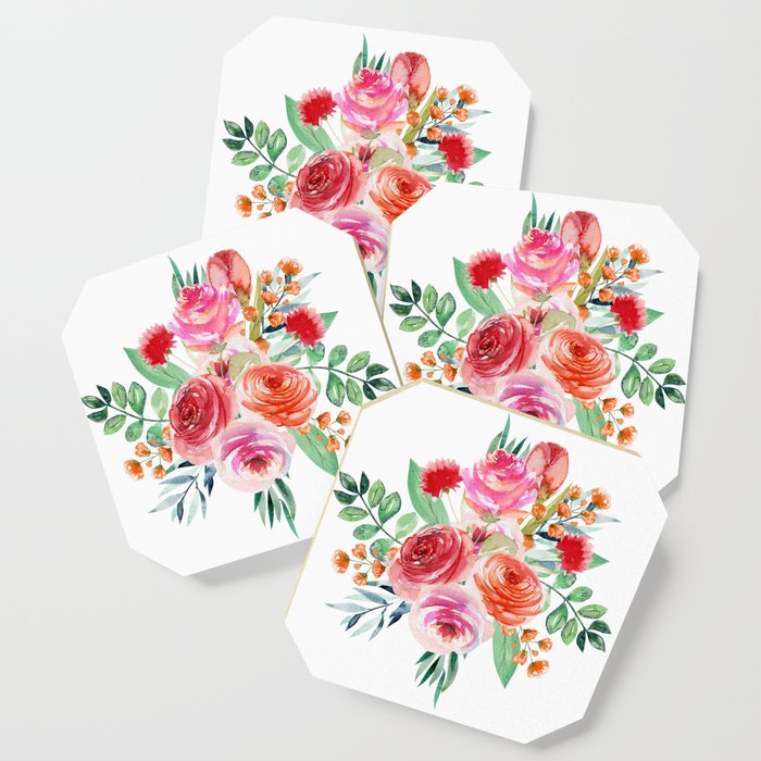 Red Pink Roses Floral Watercolor Coaster