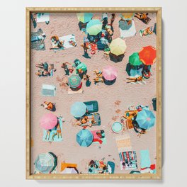 Aerial Drone Summer Beach, People Colorful Umbrellas On Beach Aerial Print, Home Decor Aerial, Minimalist Print, Pastel Beach Serving Tray