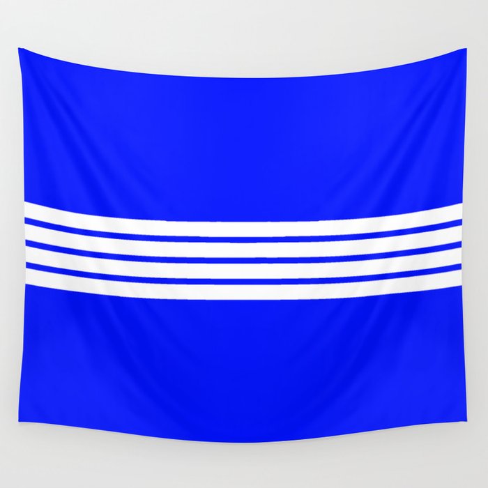 4 White Stripes on Blue Wall Tapestry