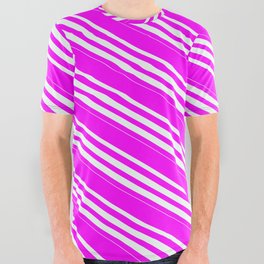 [ Thumbnail: Fuchsia and Mint Cream Colored Lined/Striped Pattern All Over Graphic Tee ]