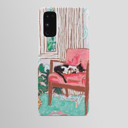 Little Naps - Tuxedo Cat Napping in a Pink Mid-Century Chair by the Window Android Case