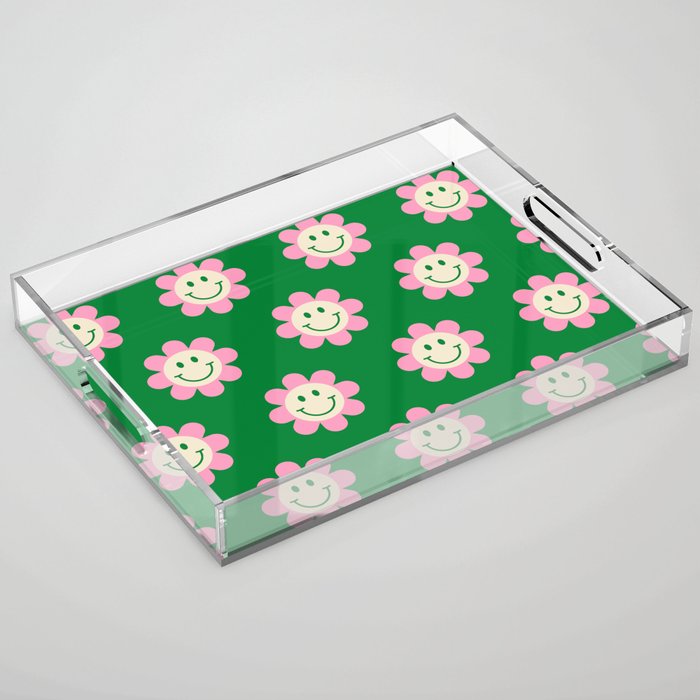 70s Retro Smiley Floral Face Pattern in Green, Pink & Beige Acrylic Tray