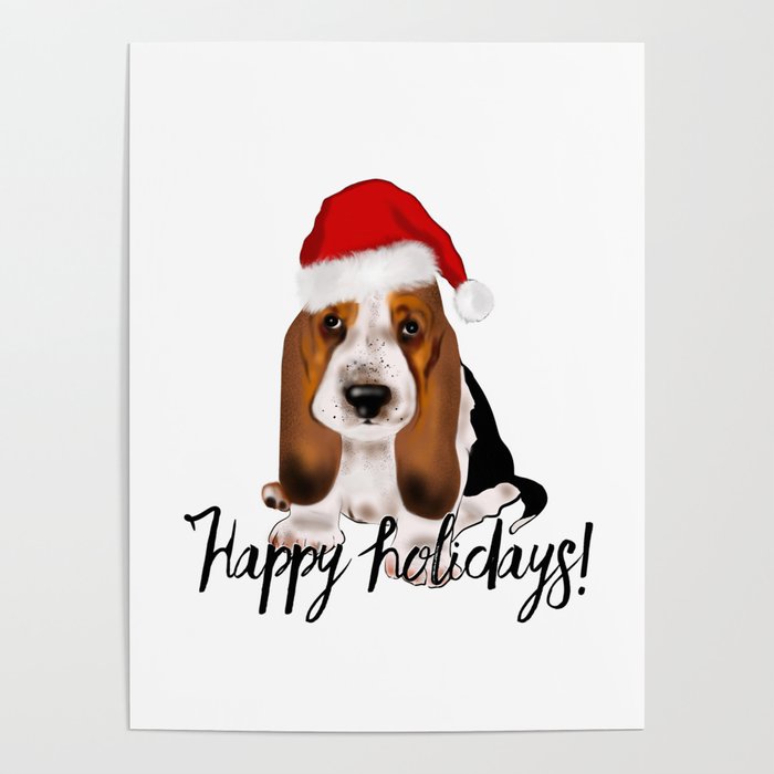 Cute Santa basset hound dog.Christmas puppy gift idea Poster