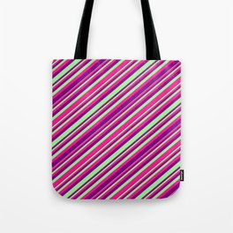 [ Thumbnail: Green, Deep Pink, and Purple Colored Stripes/Lines Pattern Tote Bag ]