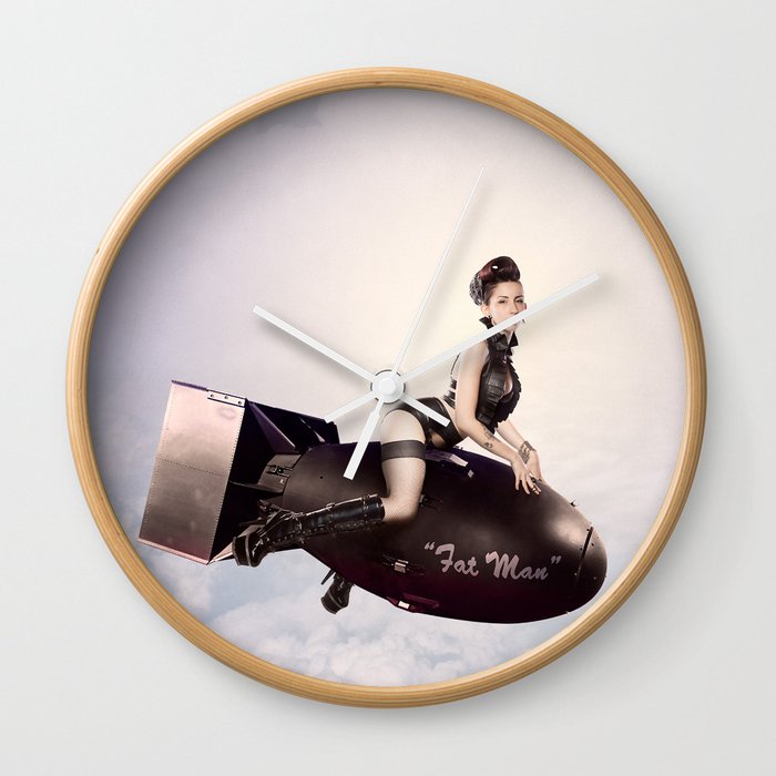 Up And Atom The Playful Pinup Military Bomb Pin Up Girl By Maxwell H Johnson Wall Clock By Maxmakespinups Society6
