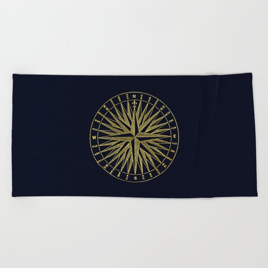 The golden compass- maritime print with gold ornament Beach Towel