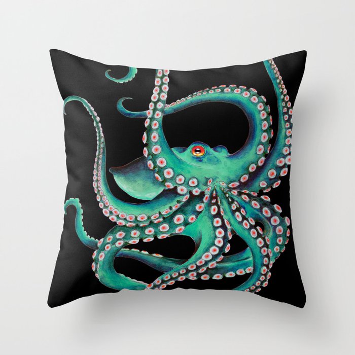 Octopus Tentacles Dance Teal Watercolor Ink Black Throw Pillow