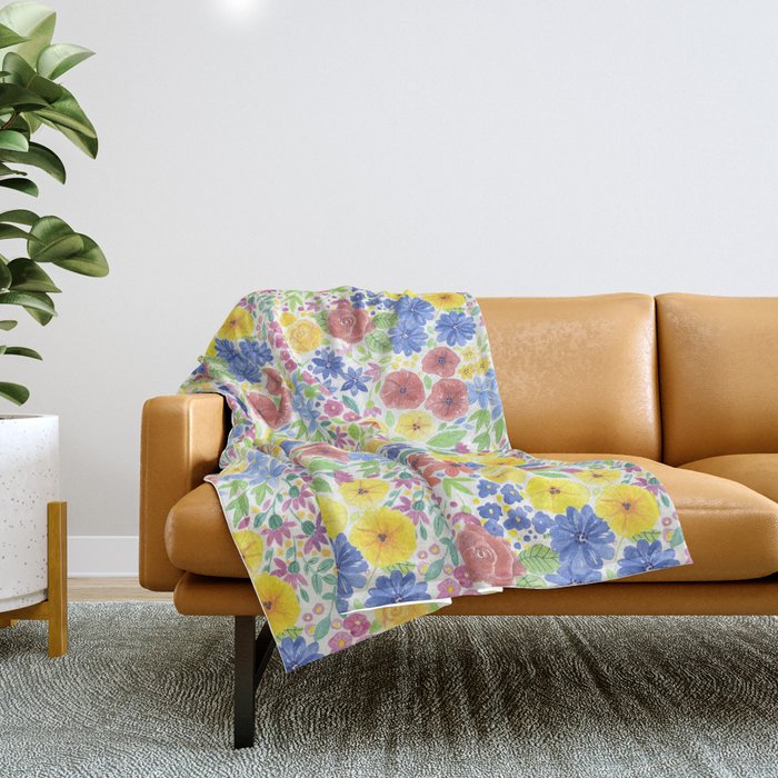 Floral watercolor pattern white Throw Blanket