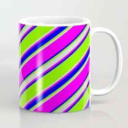 [ Thumbnail: Green, Light Gray, Fuchsia & Blue Colored Stripes/Lines Pattern Coffee Mug ]