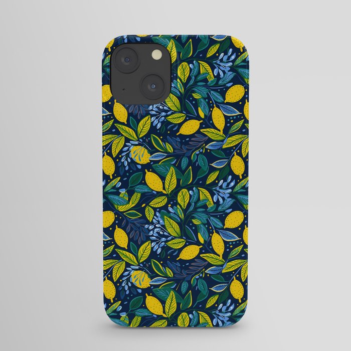 Botanical Lemons and Leaves on Navy Background iPhone Case