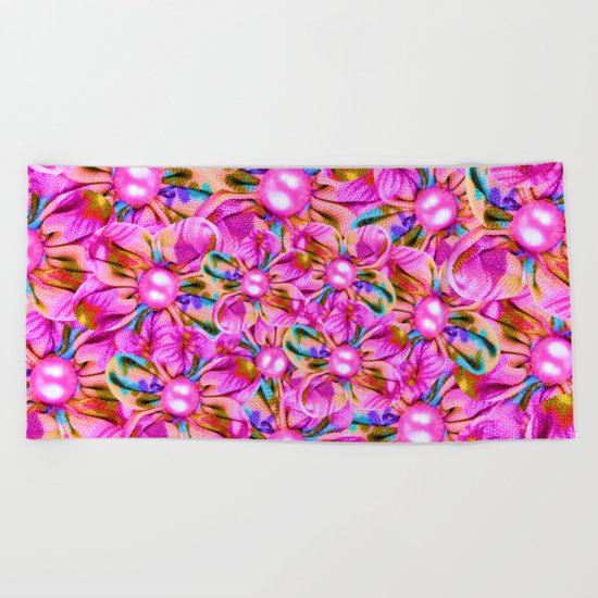 Abstract sewn pink flowers Beach Towel
