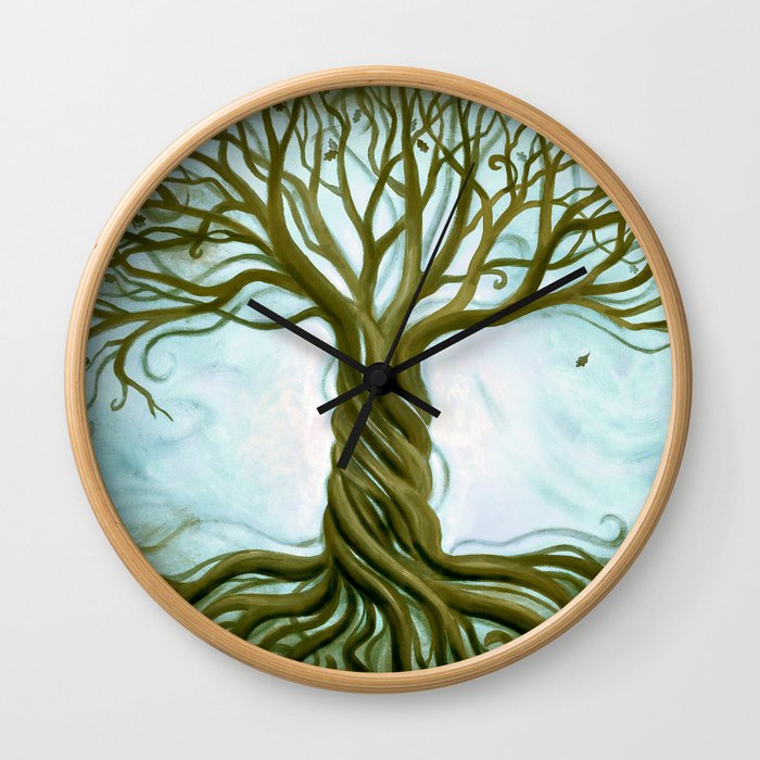 Blue and Brown Swirly Tree of Life by Renee Womack Wall Clock