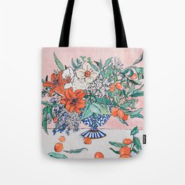 California Summer Bouquet - Oranges and Lily Blossoms in Blue and White Urn Tote Bag