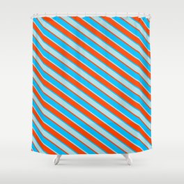 [ Thumbnail: Red, Deep Sky Blue & Powder Blue Colored Lined Pattern Shower Curtain ]