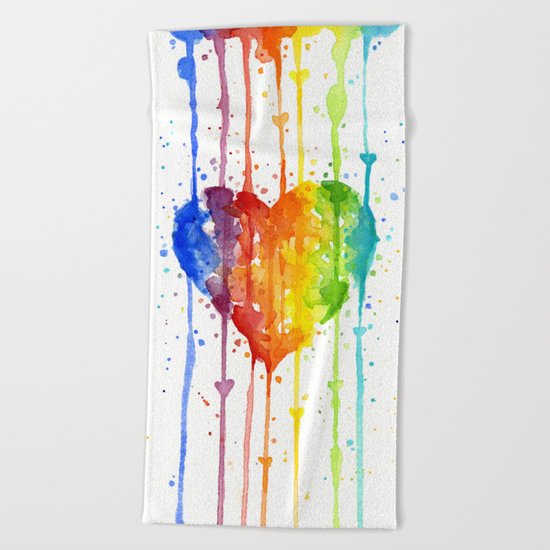 Heart Rainbow Watercolor Love Wins Colorful Splatters Beach Towel
