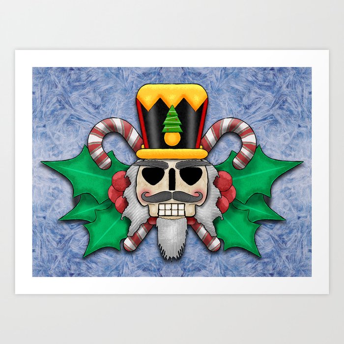 Nutcracker Skull on Wintery Frosted Background Art Print | Graphic-design, Digital, Nutcracker, Christmas, Skull, Holly, Bat-wings, Holiday, Yule, Candy-cane