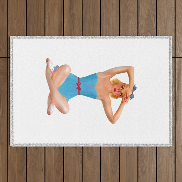 Sexy Blonde Tan Pin Up With Blue Eyes Vintage Light Blue Dress Legs Crossed Outdoor Rug