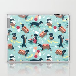 Hot dogs and lemonade // aqua background navy dachshunds Laptop Skin