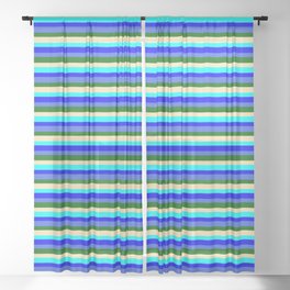 [ Thumbnail: Vibrant Cyan, Blue, Royal Blue, Dark Green & Beige Colored Pattern of Stripes Sheer Curtain ]