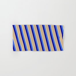 [ Thumbnail: Royal Blue, Dark Blue, Tan & Light Cyan Colored Stripes/Lines Pattern Hand & Bath Towel ]