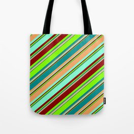[ Thumbnail: Eyecatching Dark Cyan, Brown, Aquamarine, Dark Red, and Chartreuse Colored Striped/Lined Pattern Tote Bag ]