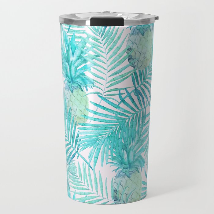 Turquoise Palm Leaves and Pineapples on Pink Travel Mug