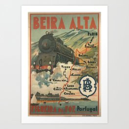 Beira Alta Portugal Railway Travel Poster | vintage, retro, tourism, rail, train, steam engine, paris, portugese, map Art Print