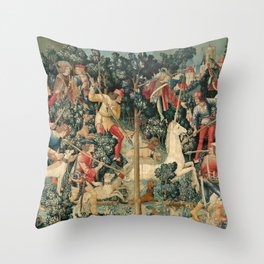 The Unicorn is Attacked Throw Pillow | Antique, Huntingdogs, Antiqueaesthetic, Fantasy, Textile, Middleages, Magical, Mystic, Fantastical, Ancient 