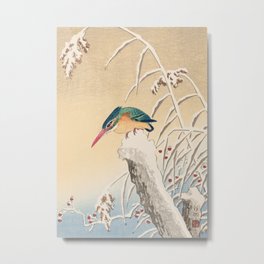 Kingfisher Stalking Fish - Japanese Vintage Woodblock Print Art Metal Print | Painting, River, Stalker, Snow, Bird, Lake, Swamp, Stalking, Koson, Kingfisher 