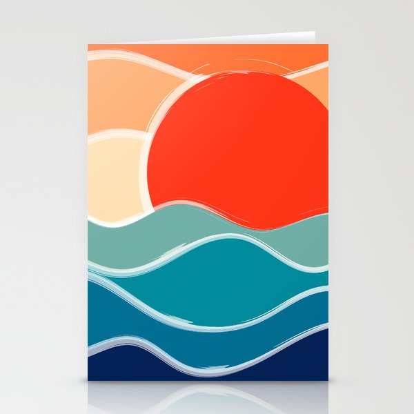 Retro 70s and 80s Color Palette Mid-Century Minimalist Nature Waves and Sun Abstract Art Stationery Cards