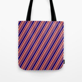 [ Thumbnail: Coral and Blue Colored Striped Pattern Tote Bag ]