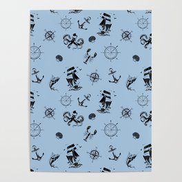 Pale Blue And Black Silhouettes Of Vintage Nautical Pattern Poster