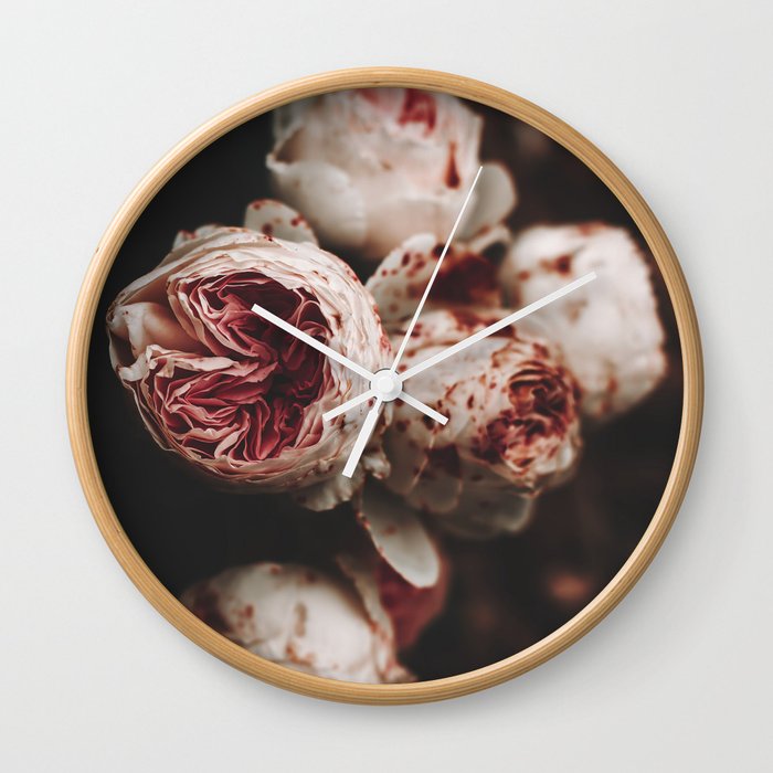 Flower Photography - Rose Print - Wild Roses - White Pink Flowers - Dramatic Floral  Wall Clock
