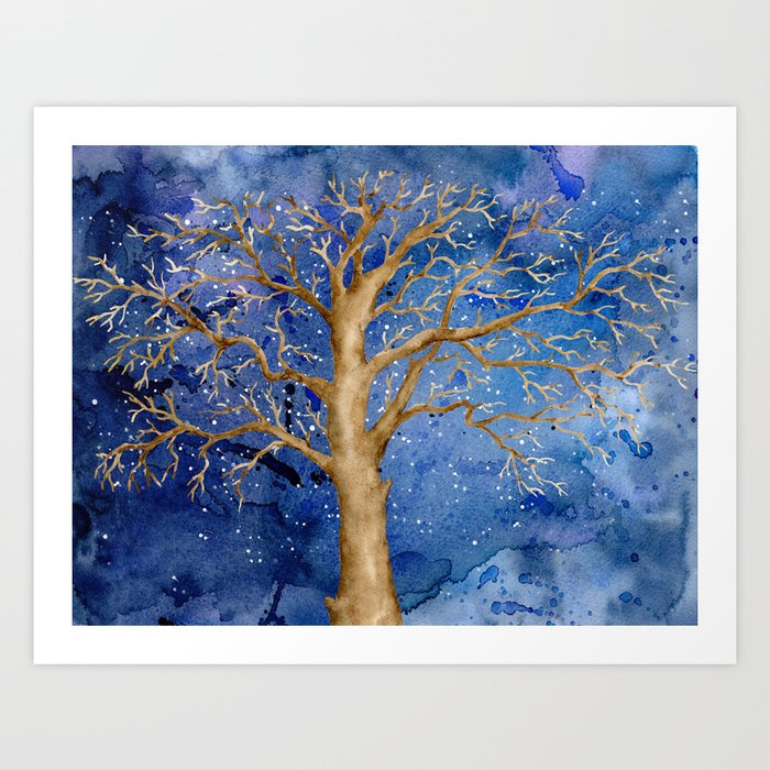 Watercolor Abstract Oak Tree Night Scene Art Print By Chengjing