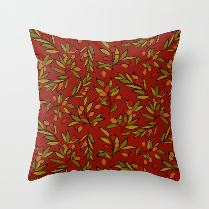 Festive Holly Berries Pattern in Green, Gold & Red Throw Pillow