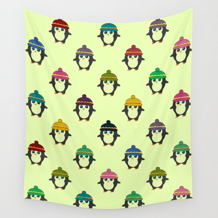 Penguins with colorful beanies Wall Tapestry