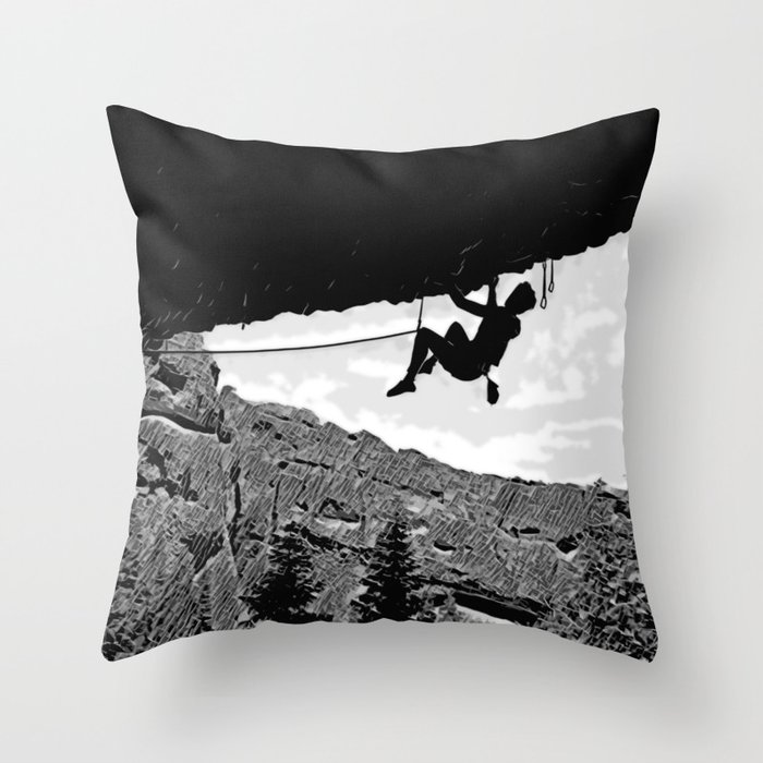Rock Climber in Steep Cave Black and White Throw Pillow