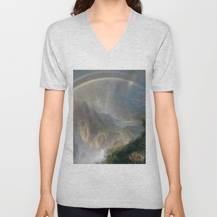 Alpine Lake and Rainbow river landscape painting by Frederic Edwin Church V Neck T Shirt