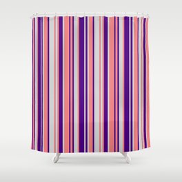 [ Thumbnail: Light Coral, Light Gray & Indigo Colored Lines Pattern Shower Curtain ]