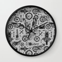 Vintage Motorcycle Pattern Wall Clock | Black and White, Vintage, Pattern, Illustration, Curated 