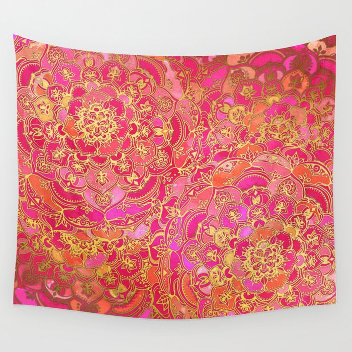 Hot Pink and Gold Baroque Floral Pattern Wall Tapestry