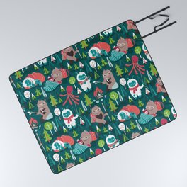 Besties // green background white Yeti brown Bigfoot aqua yellow green and teal pine trees red and coral details Picnic Blanket
