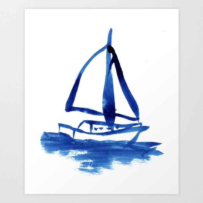 Sailboat in Blue Ink (Third in Set of Three) Art Print