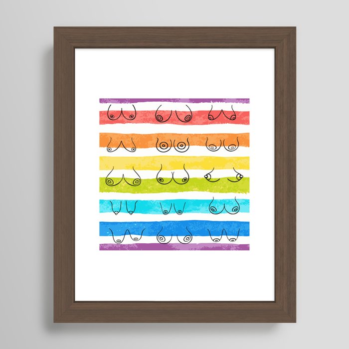 Minimal female breast size feminine body front view different boobs form  Watercolor rainbow stripes Framed Art Print