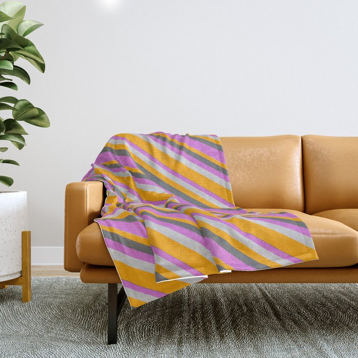 Dim Gray, Orchid, Light Gray & Orange Colored Lined Pattern Throw Blanket