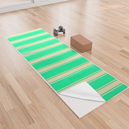 [ Thumbnail: Green & Beige Colored Lined/Striped Pattern Yoga Towel ]